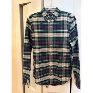 J.Crew Slim Oxford Shirt Green Navy Plaid Long Sleeve Button-Down M 100% Cotton
